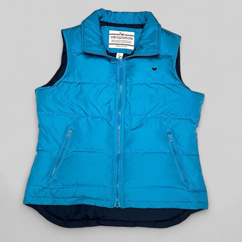 Aeropostale Down Puffer Vest Womens Large Blue Full-Zip Sleeveless Jacket Y2K